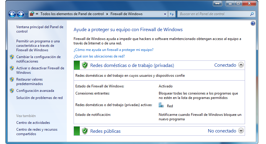 Imagen que muestra la ventana principal Firewall de Windows