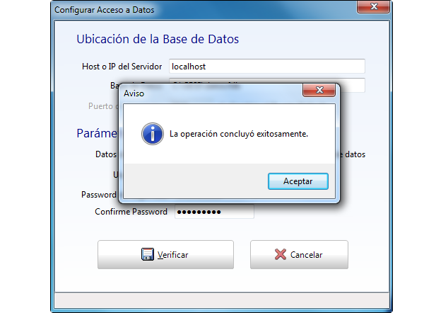 Imagen que el Exito de Conexin al servidor de base de datos