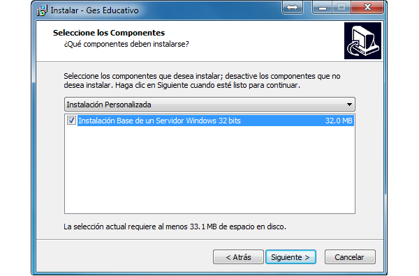 Imagen que ilustra la pantalla de seleccion de componenentes de instalacion