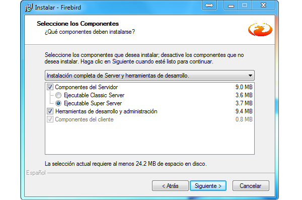 Imagen que ilustra, los componentes de firebird para instalar, la instalacin Default es Instalacin completa de Server y herramientas de desarrollo.