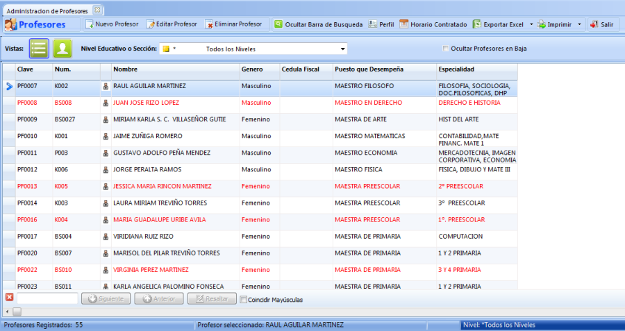 Lista de profesores registrados