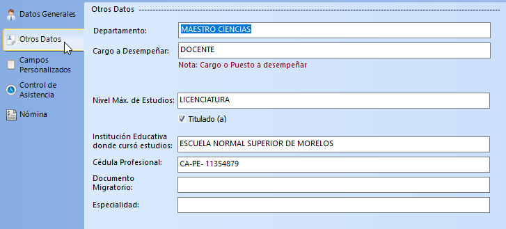 Imagen que muestra datos auxilares del profesor